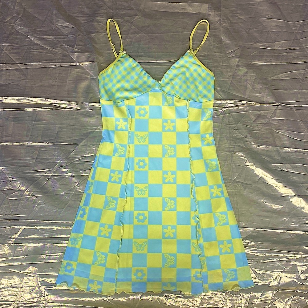 Forever 21 Yellow and Blue mesh checkered dress